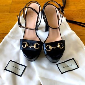 Gucci Black Horsebit Platform Ankle Wrap 34